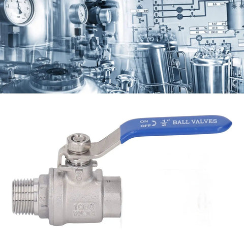 Rock Solid Heavy Duty 1/2 Inch NPT Ball Valve Made From Top Tier 304 Stainless Steel with a blue handle for easy shut off control.