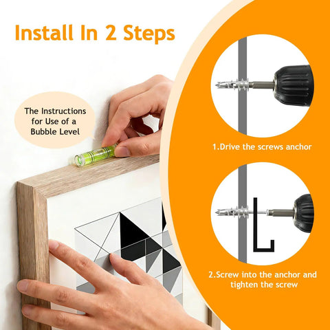 Hands using a bubble level to install Built Tough Heavy Duty Zinc Alloy Drywall Anchors With Self Drilling Screws on a wall.