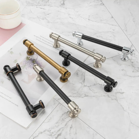 No Fuss Antique Brass Cabinet Pulls Ten Pack Five Inch Drawer Handles Heavy Duty Solid Metal Hardware displayed in various finishes.