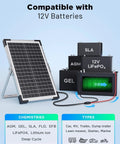 Heavy Duty 7.5W Solar Battery Maintainer And Trickle Charger For 12V Rigs with solar panel and various battery types.