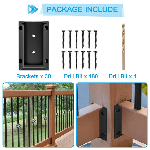 30 Pcs Deck Railing Bracket Connectors for 2x4 Wood Posts with 180 coated iron screws, weatherproof nylon brackets, and drill bit included.