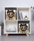 Kicker Quality Patchwork Fabric Storage Cube Built For Quick Room Upgrades With Heavy Duty Stitching And A Knockout Pumpkin Silhouette in a shelf.