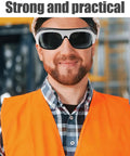 Heavy Duty Welding Safety Glasses And Protective Goggles 10 Pack Featuring auto darkening lenses worn by a smiling worker in safety vest.