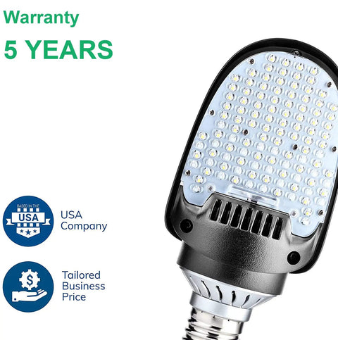 Hella Bright LED Shoebox Corn Light Bulb For Outdoor Street And Security Lighting with 5-year warranty, close-up of bulb structure.