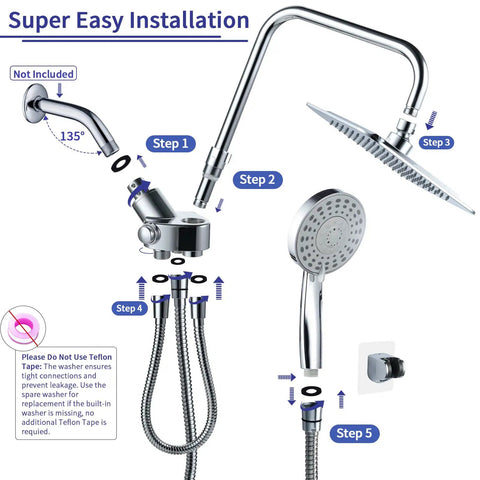 Installation steps for Rainfall Dual Shower Head Combo with 8-Inch Rain Head and 5-Function Handheld Spray, showing components and connections.