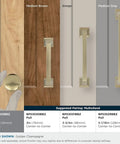 Three cabinet knob styles including a 1-1/4 inch round golden champagne knob for traditional kitchen drawers.