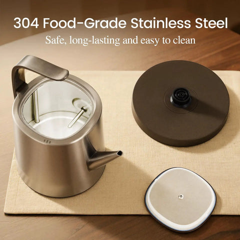 Gooseneck Electric Kettle With Thermometer, 1 Liter, 304 Stainless Steel, Auto Shut Off, 1200W, disassembled parts on table.