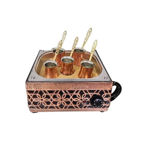 Copper Turkish Sand Coffee Maker With Pot Set In Traditional Flower Design, 5 pots, sand-heated, 110 to 230V for coffee and tea.