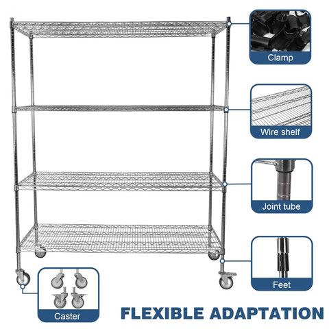 5 Tier Metal Wire Shelving Rack With Durable Steel Construction And Smooth Rollers For Ultimate Storage Flexibility, showcasing wire shelves and casters.