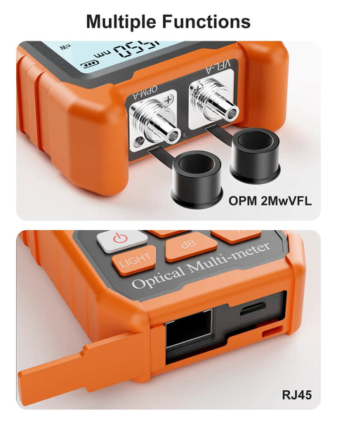 Straight Up Reliable Rechargeable Optical Power Meter And Visual Fault Locator Kit For Dead Easy Fiber Optic Cable Testing With Universal ST FC SC Adapters And Quick RJ45 Checks Anywhere close-up showing optical power meter ports and buttons.