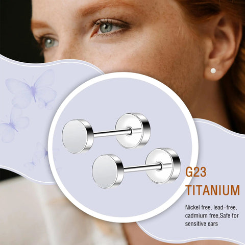 Premium Top Shelf 4Mm Titanium Stud Earrings For Sensitive Ears Hypoallergenic Flatback Dot Screw Ons Non Nickel Lead Free shown on ear.