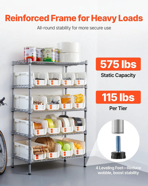 Front view of 5 Tier Rolling Bin Storage Rack With 16 Organizer Bins, Heavy Duty Wire Shelving On Casters, Mobile Tool Organizer