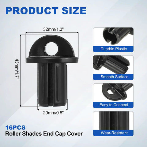 Close-up of Heavy Duty Roller Shades End Cap Covers, black plastic, measuring 43x32mm, designed for smooth connection.