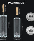 Two Piece Rolling Grill Basket With Removable Wood Handles, 304 Stainless Steel Mesh, dimensions and safety icons displayed