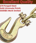Close-up of 10 Piece Three Eighth Inch Clevis Grab Hooks Set, Grade 70 Forged Steel With Yellow Chromate Finish attached to chain
