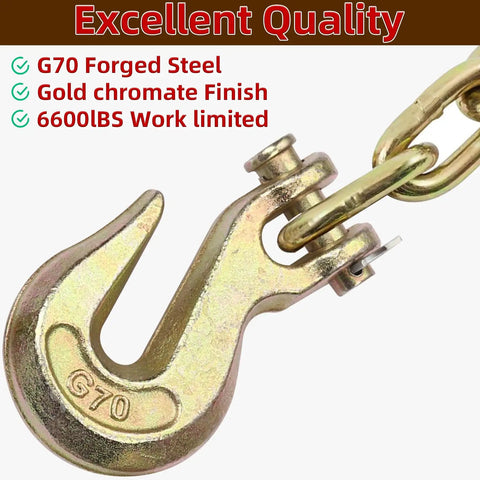 Close-up of 10 Piece Three Eighth Inch Clevis Grab Hooks Set, Grade 70 Forged Steel With Yellow Chromate Finish attached to chain