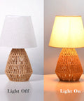 Natural Jute Rope Table Lamp With Boho Farmhouse Coastal Vibe, sustainable fabric shade, light on and off, cozy night stand light
