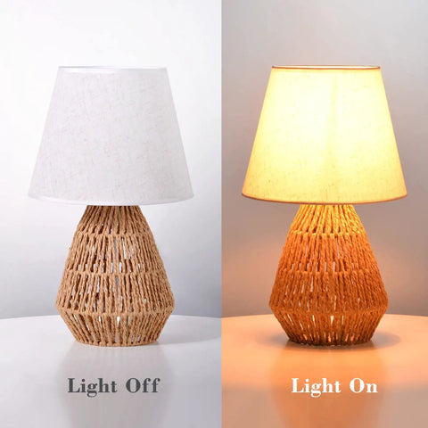 Natural Jute Rope Table Lamp With Boho Farmhouse Coastal Vibe, sustainable fabric shade, light on and off, cozy night stand light