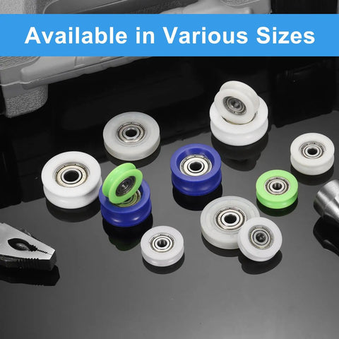 10 Piece Green U-Groove Nylon Plastic Guide Bearings Rollers 5X23X7mm Pulley Linear Slider Sliding Doors Gear Up With Smooth As Silk Rolling And Zero Friction Worry displayed in various sizes.
