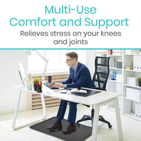 Anti Fatigue Standing Mat For Desk And Kitchen, man seated with ergonomic cushioned comfort pad under desk, office setting