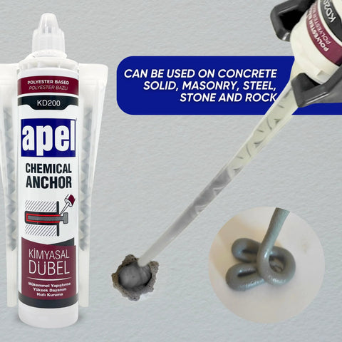 Two Component Polyester Based Concrete Anchor With Solvent Free Acrylic High Performance Adhesive, product image showing cartridge and application use