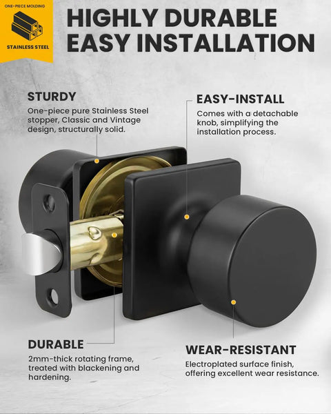 Solid Feel Black Interior Passage Door Knobs With Reversible Latch And Adjustable Fit Super Slick Finish Modern Hardware Set Perfect For Closets And Hallways Six Pack Knockout Deal, showcasing details of the stainless steel stopper and easy installation.