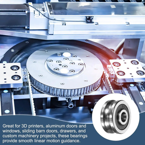 Straight Up Heavy Duty 4Pcs U Groove Ball Bearings with Smooth Rolling Rail Pulleys in a machinery setup for linear motion.