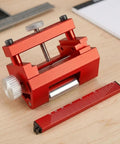 Shop Ready Fixed Angle Sharpening Jig With Built Tough Rigid Metal Frame And Knurled Tightening Knob For Precision Edge Honing On Professional Woodworking Hand Tools on wooden surface.