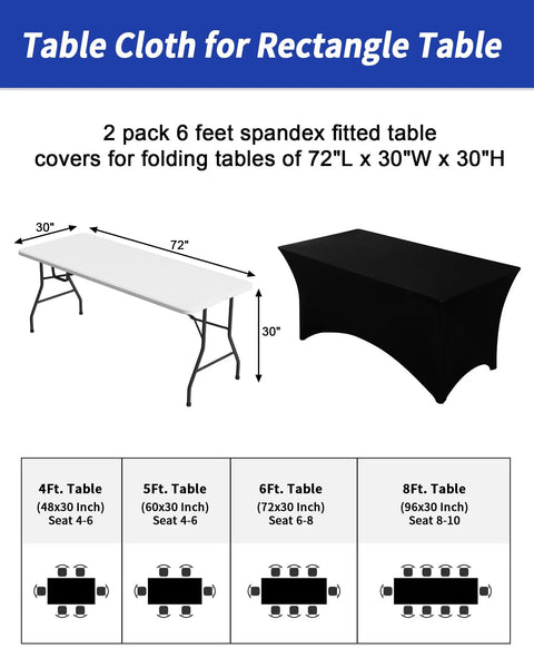 Slick Top Notch Two Pack Black 6Ft Fitted Tablecloth Rectangle Spandex Blend Cover on a 72x30 inch folding table.