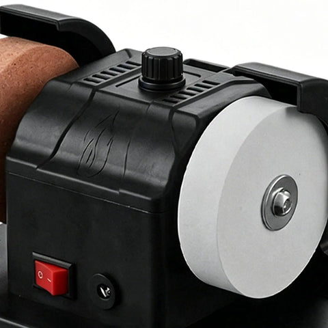 Close-up view of Workhorse Dual Wheel Electric Knife Sharpener And Polisher With Double Grinding Plates for precise blade honing.