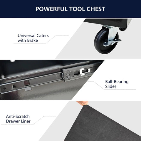 Heavy Duty Rolling Tool Chest With Four Top Shelf Drawers And Secure Locking Mechanism Rock Tough Steel Shop Organizer For Garage Crew Pro Grade Mechanics Storage Black universal casters with brake and ball-bearing slides