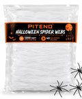 1200 Square Foot White Stretchable Halloween Spider Webs With Forty Fake Spiders For Haunted House Yard Porch Indoors And Parties That Serve Kickass Spooky Vibes in packaging with fake spiders visible.