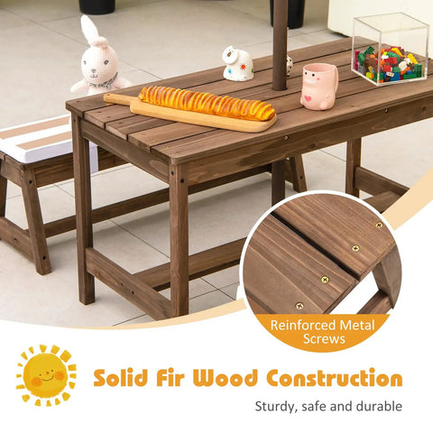 Kid Approved Outdoor Picnic Table Set With Cushioned Benches, Adjustable Height Table, Built In Umbrella, Wood Toddler Play Table For Patio Garden Backyard, Perfect Gift For Ages 3 To 8, Coffee Finish showing solid fir wood construction with reinforced screws.