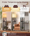 Shelf Floor Lamp With Solid Wood Shelves And USB Charging Ports With Three Color Temperatures Demonstrated in Living Room
