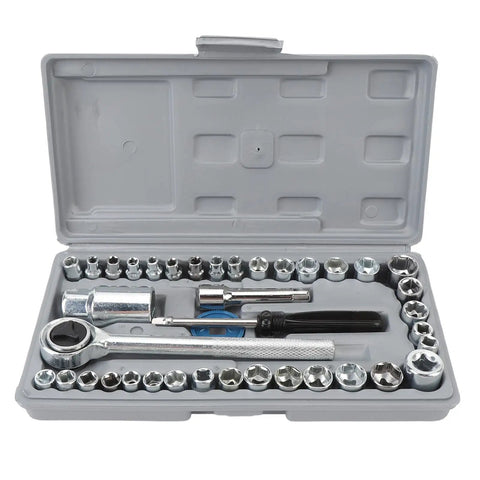 Hella Durable 40-Piece Socket And Wrench Set Featuring Metric And SAE Sizes For Your Ultimate Automotive And Motorcycle Repair Rig Including All Essential Bits To Fix Your Setup Quick Without Breaking A Sweat - complete kit in gray storage case.