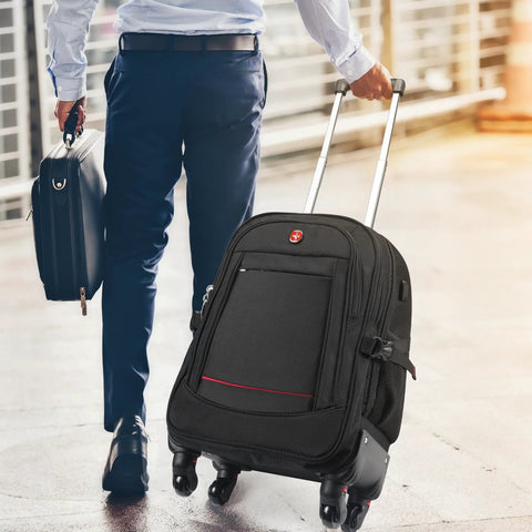 Black rolling backpack with four wheels and adjustable telescoping handle; underseat travel luggage.