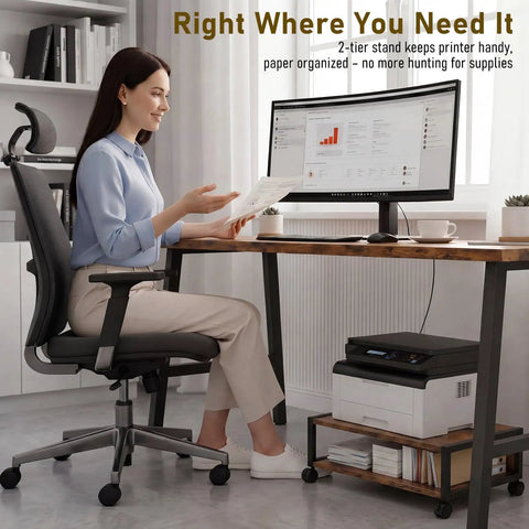 Straight Up Slick 2 Tier Printer Stand Under Desk With Easy Glide Wheels And Open Lower Shelf For A4 Paper Storage Brown Desktop Organizer setup in office with printer and paper.