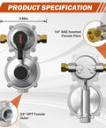 Diagram showing 2 Stage Auto Changeover Propane Regulator With Gauge And 18 Inch Stainless Steel Braided Hose dimensions and connections.
