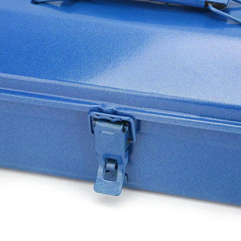 Badass Heavy Duty Iron Toolbox With Secure Lock And Reinforced Cross Punched Base 24 Inch close-up of blue latch.