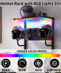 Badass Motorcycle Helmet Rack Wall Mount Featuring Remote Controlled RGB Ambient Light Strip For Grease Monkey Gear Storage With Solid Wood And Steel Build System with two helmets mounted.