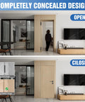 Seven Inch Black Hidden Door Hinges For Secret Rooms And Bookcase Doors Slick Invisible Folding Hardware shown in open and closed position.