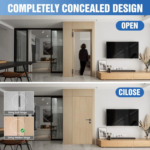 Seven Inch Black Hidden Door Hinges For Secret Rooms And Bookcase Doors Slick Invisible Folding Hardware shown in open and closed position.