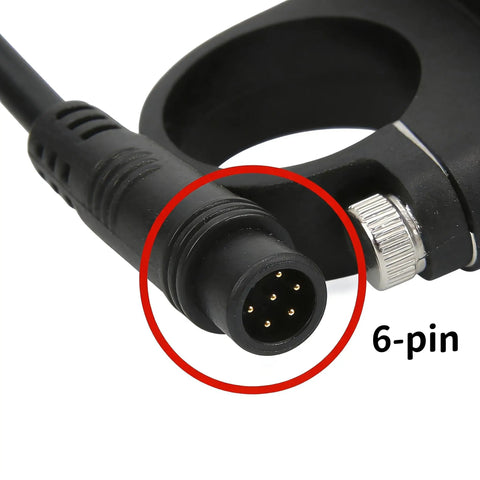 Close-up of the waterproof 6-pin connector for M5 LCD Display For E Bikes And Electric Scooters, Universal 24V 60V Voltage.