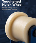 Heavy Duty Nylon Track Wheel With Trapezoidal Caster Pulley For Mining Railway And Subway Train Cart Featuring Twenty Millimeter Belt Groove And Built Tough Takes A Beating Smooth Rolling Design Measuring Five Point Nine Inches Wide close-up, showing tough nylon material and smooth rolling design.