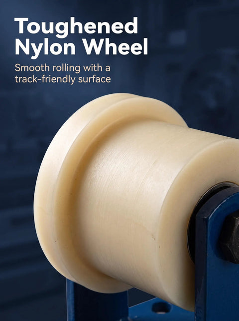 Heavy Duty Nylon Track Wheel With Trapezoidal Caster Pulley For Mining Railway And Subway Train Cart Featuring Twenty Millimeter Belt Groove And Built Tough Takes A Beating Smooth Rolling Design Measuring Five Point Nine Inches Wide close-up, showing tough nylon material and smooth rolling design.