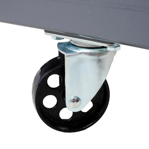 Swivel caster of Heavy Duty Adjustable Height Dual Wheel Dolly With 1500 Lbs Lift Capacity for rig moving and vehicle repair.