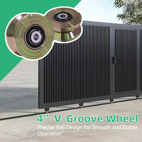 Extra Heavy Duty 4 Inch V Groove Slide Wheels For Sliding Gates, showing two gold finish roller wheels on a gate.