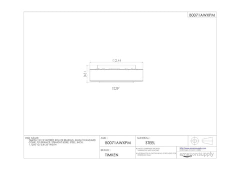 Hardcore Tapered Roller Bearing Single Cone Inner Ring Standard Tolerance Straight Bore 1.1250 Inch ID.8125 Inch Width technical drawing.