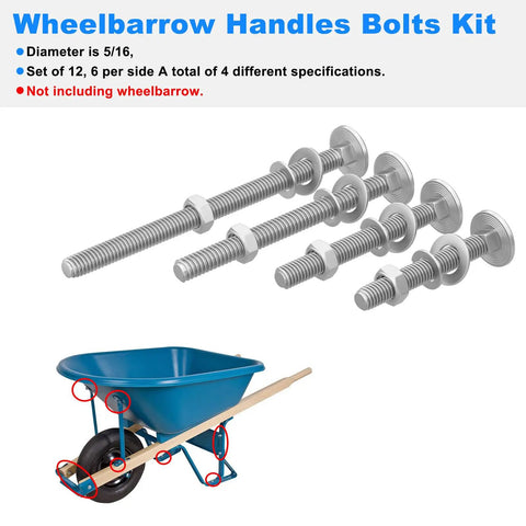 Premium Wheelbarrow Handle Bolts And Nuts Kit Includes Four Heavy Duty Frame Sizes For Quick Repair of bolts with washers.