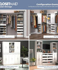 Super Slick Modular Closet Storage Organizer With Four Stackable Drawers In Taupe displayed in reach-in and walk-in closet configurations.